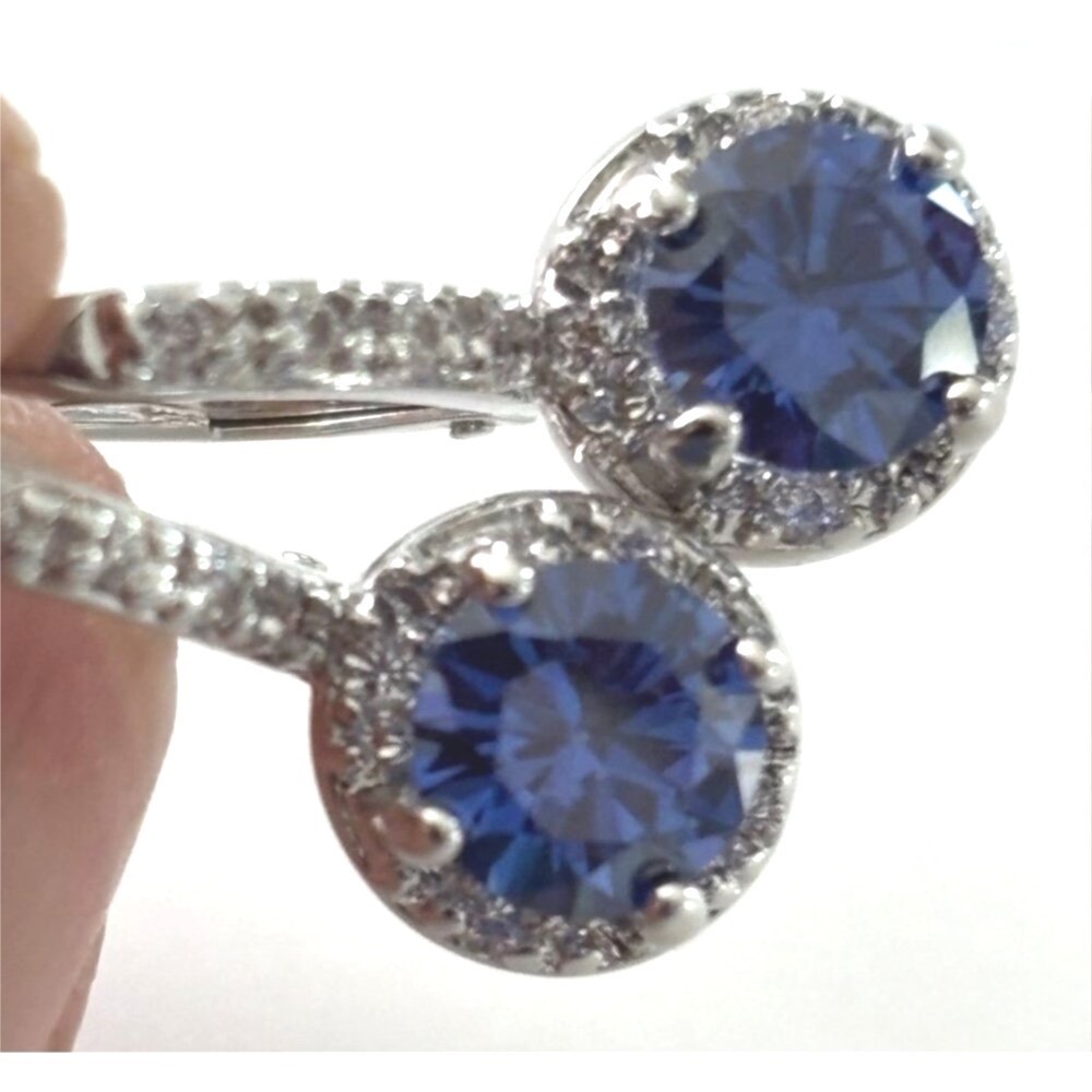 Earrings Silver Tone Blue Crystal Halo Leverback Elegant New with Tags